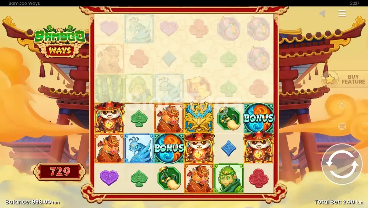 Tela principal do jogo Bamboo Ways com os rolos cheios de bambu