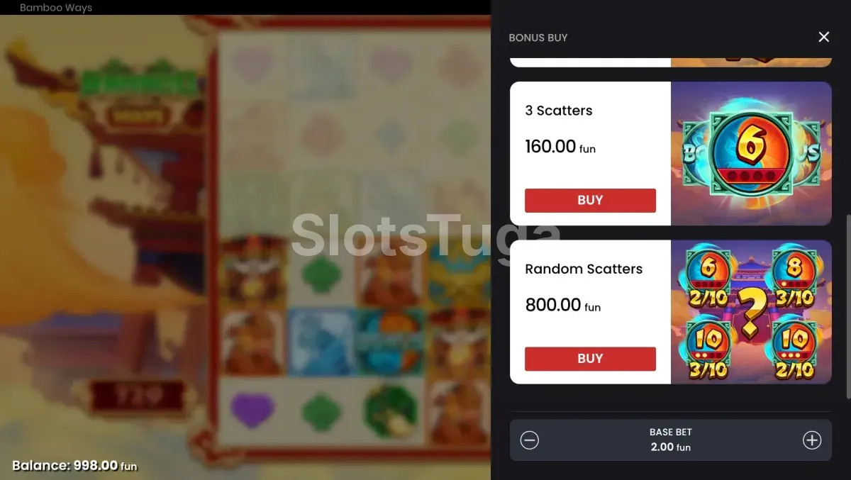 Tela de compra de bônus do Bamboo Ways com as opções disponíveis