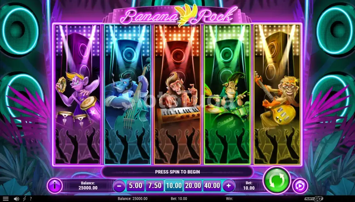 Jogo base da slot Banana Rock com macacos rockeiros nos rolos