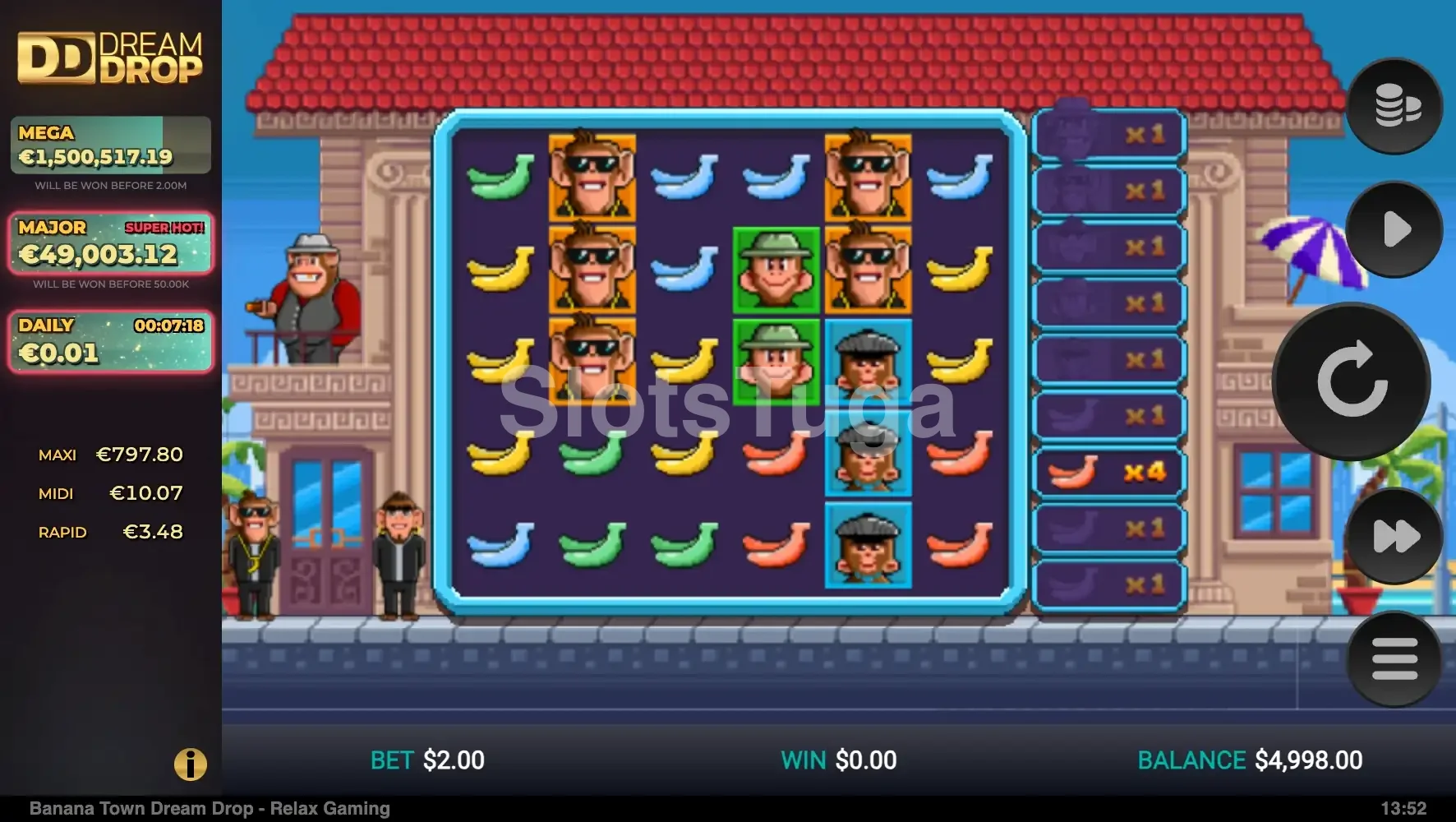 Jogo base do Banana Town Dream Drop com macacos gângsters e bananas coloridas
