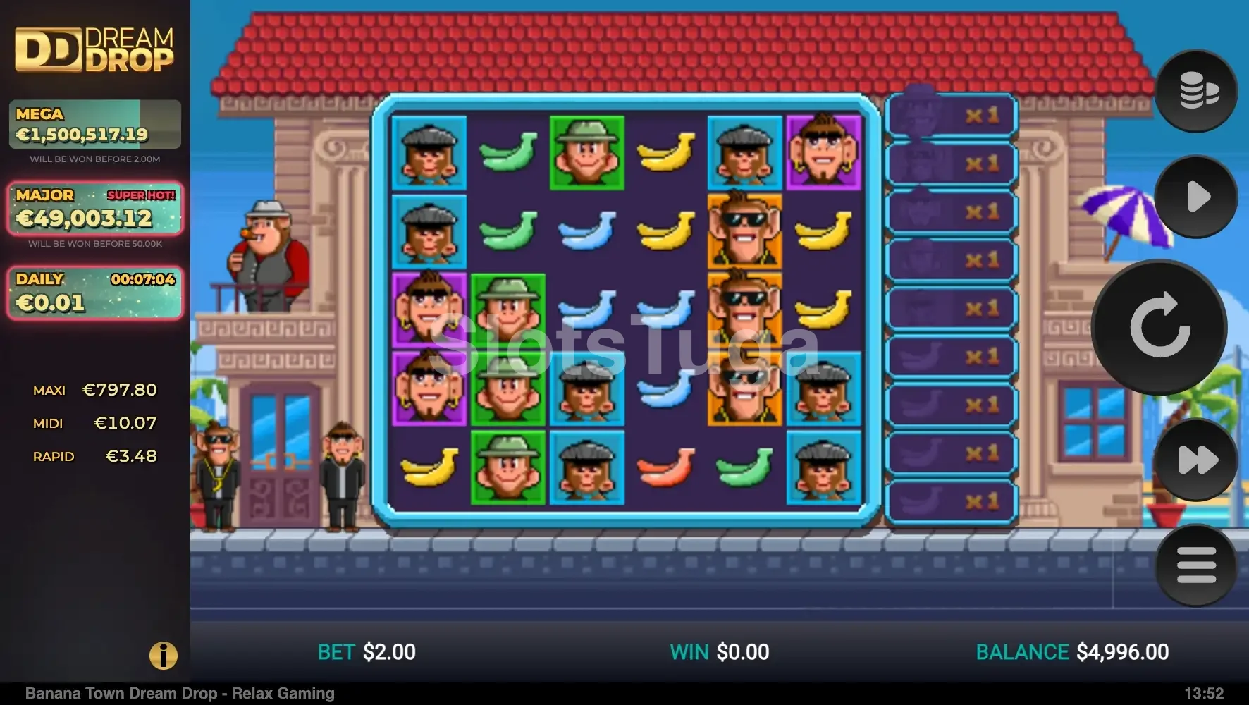 Segunda tela do jogo base do Banana Town Dream Drop com cascata de símbolos em ação