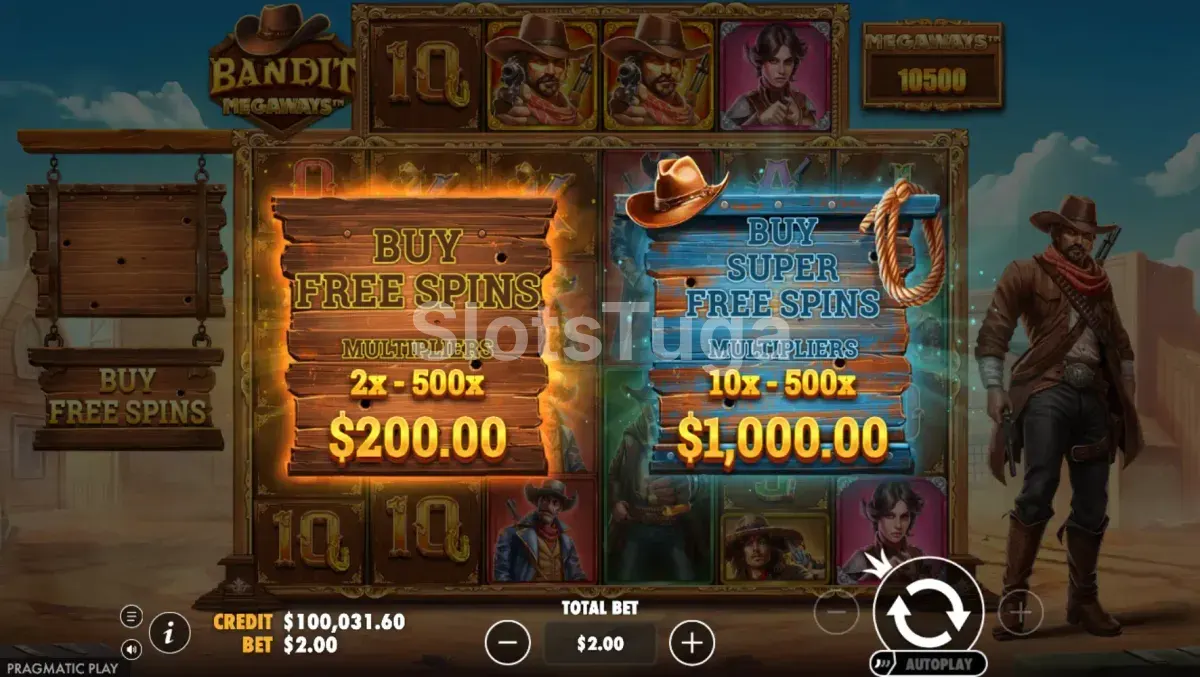 Função de compra de bônus do Bandit Megaways disponível na tela principal