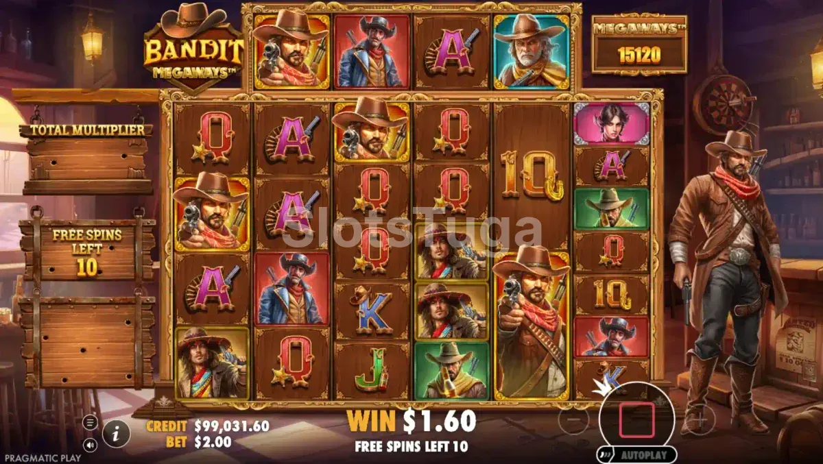 Rodadas grátis ativadas no Bandit Megaways com multiplicadores visíveis