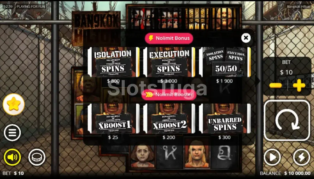 Tela de compra de bônus da slot Bangkok Hilton com as opções disponíveis