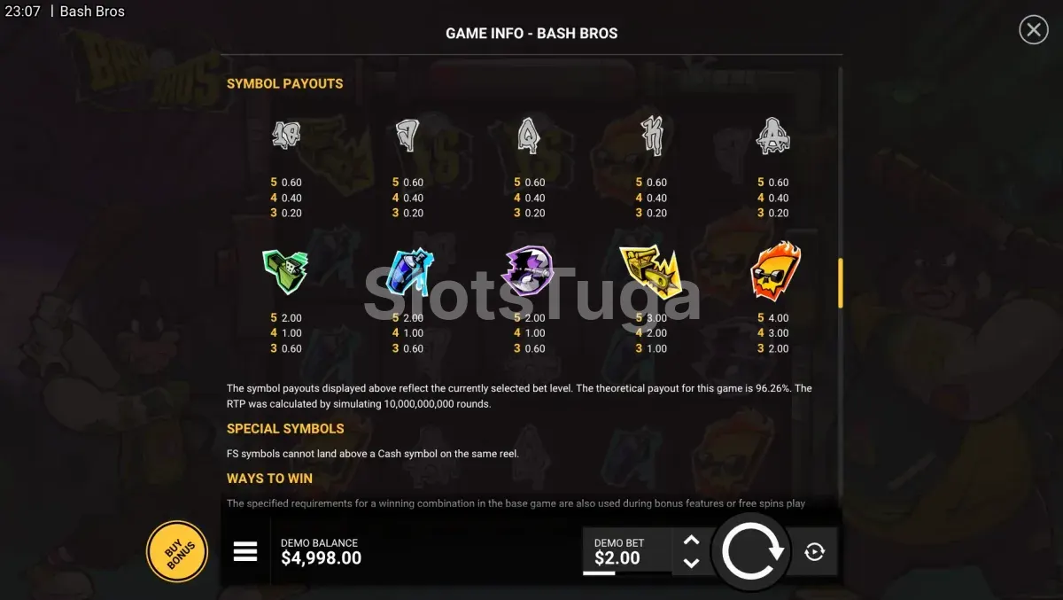 Tabela de pagamentos do Bash Bros com símbolos e valores