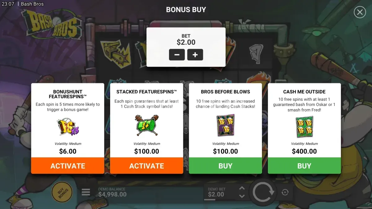 Tela de compra de bônus do Bash Bros com todas as opções