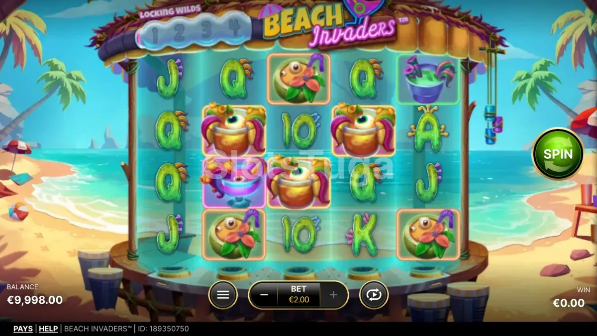 Tela principal da slot Beach Invaders com cenário de praia