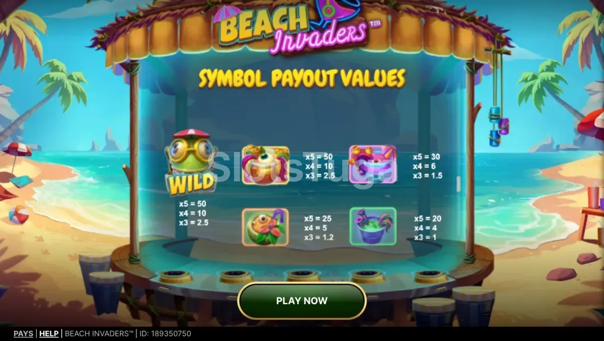 Tabela de pagamentos da slot Beach Invaders