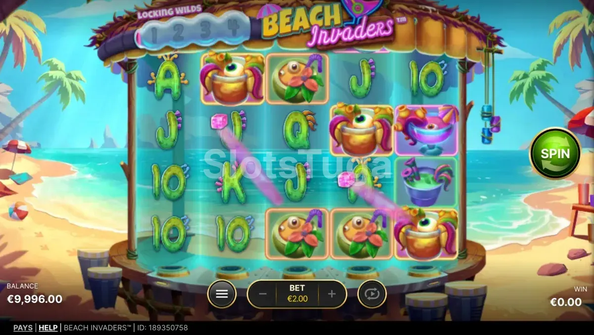 Modo de giros grátis em ação na slot Beach Invaders