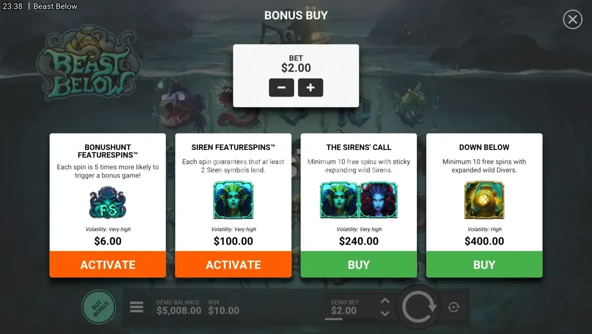 Tela de compra de bônus do Beast Below mostrando as opções disponíveis