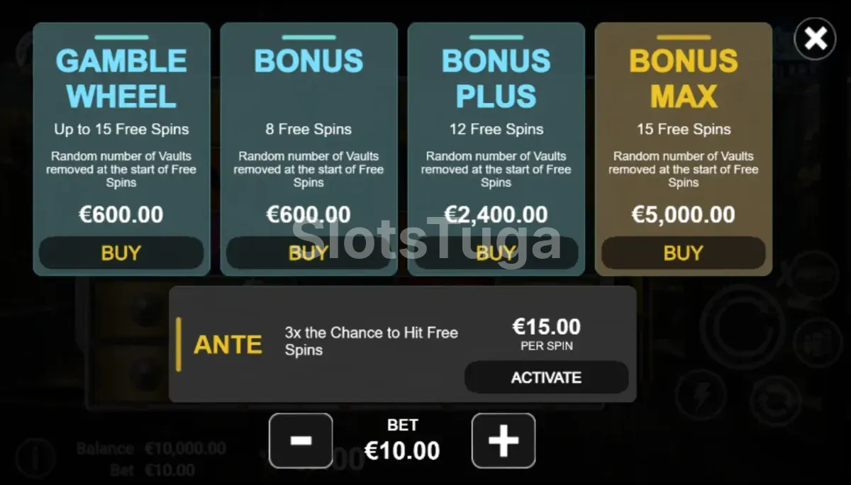 Interface de compra de bônus da Beastly Burglars com opções disponíveis