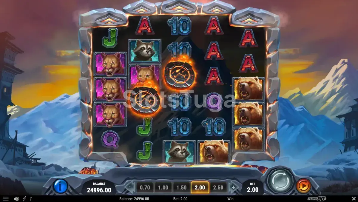 Segunda visão do jogo base da Beasts of Fire Maximum com efeitos de fogo nos rolos