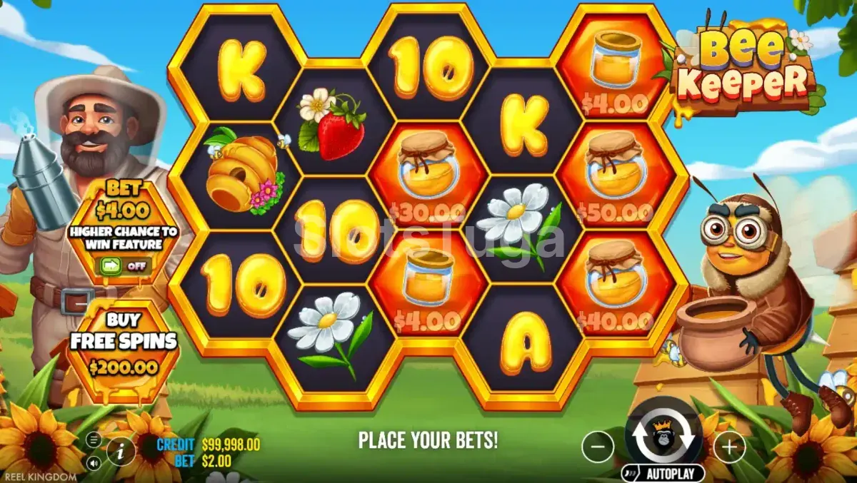 Tela principal do slot Bee Keeper com campo de abelhas e colmeias