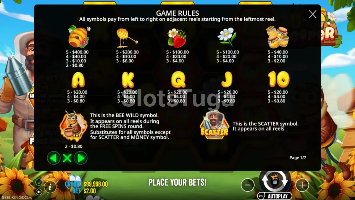 Tabela de pagamentos do slot Bee Keeper com todos os símbolos