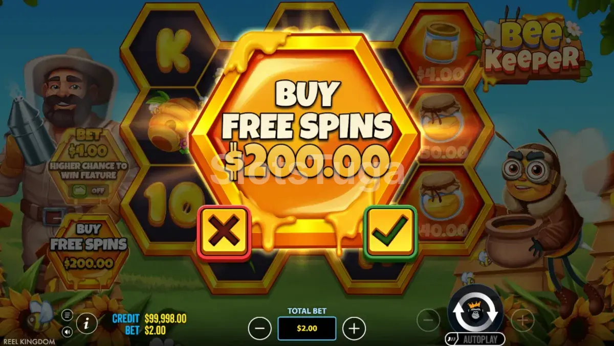 Tela de compra de bônus do Bee Keeper por 100x a aposta