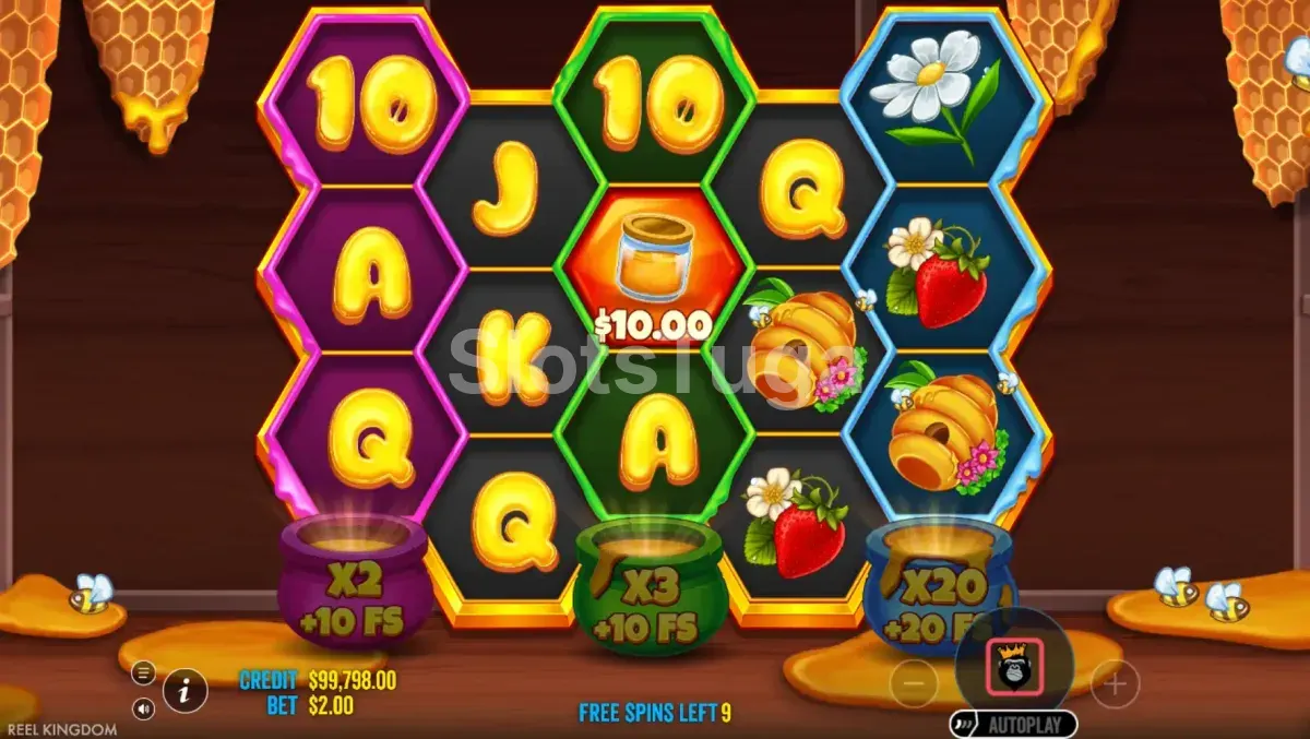Rodada de giros grátis do Bee Keeper com wilds coletando símbolos de mel