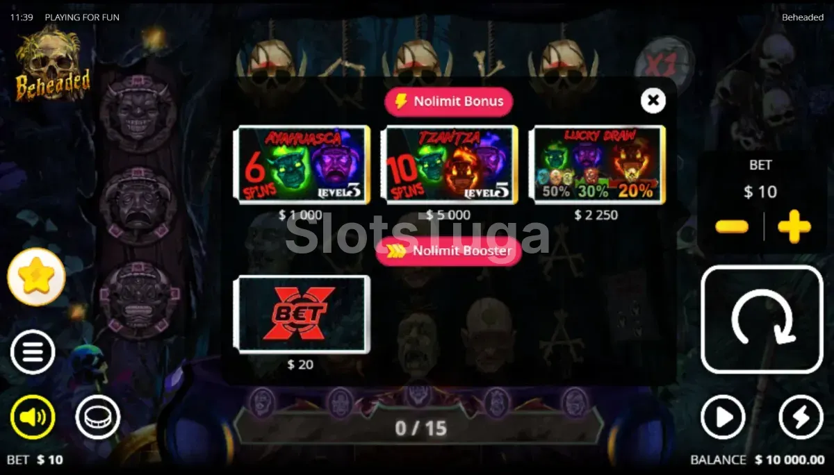 Tela de compra de bônus da slot Beheaded com opções disponíveis
