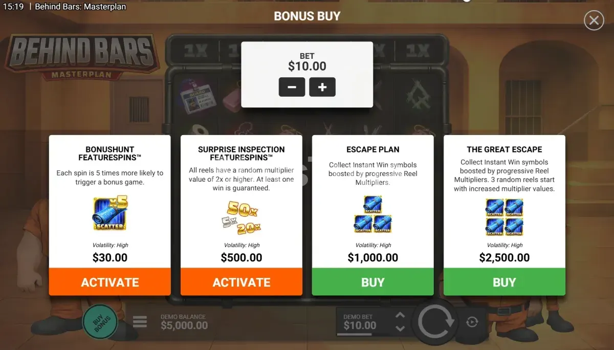 Menu de compra de bônus do Behind Bars Masterplan com todas as opções disponíveis