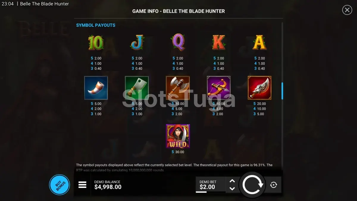 Tabela de pagamentos da slot Belle The Blade Hunter