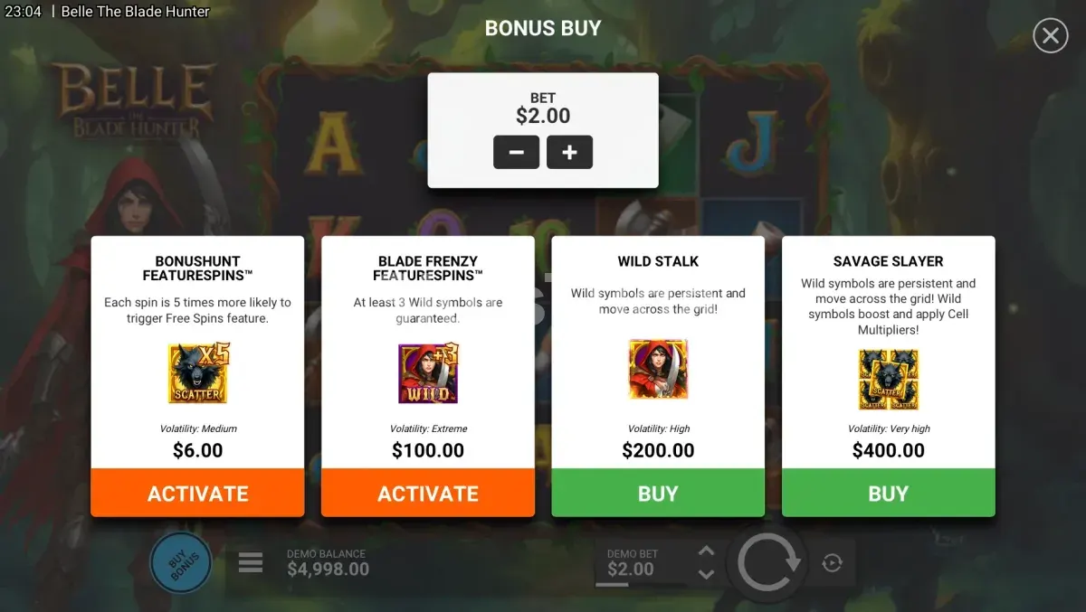 Tela de compra de bônus na slot Belle The Blade Hunter