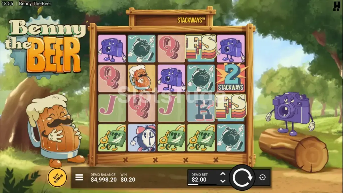 Jogo base da slot Benny The Beer com rolos e símbolos no campo
