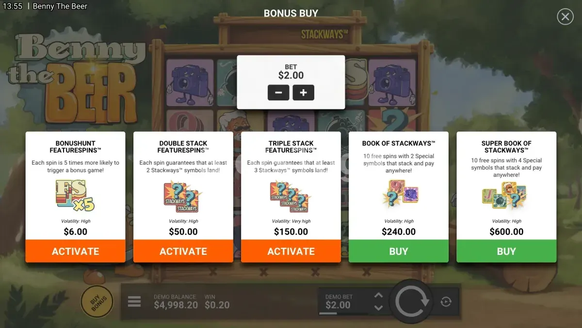 Menu de compra de bônus da slot Benny The Beer com as 5 opções disponíveis