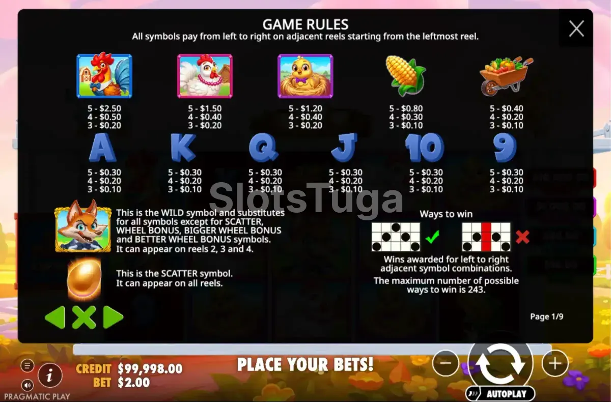 Tabela de pagamentos da Better Barn House Bonanza mostrando símbolos e valores