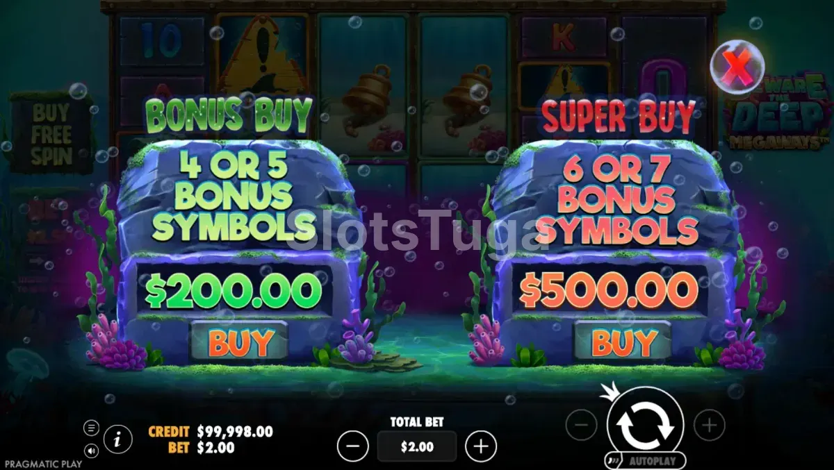 Tela de compra de bônus da Beware The Deep Megaways - opções disponíveis