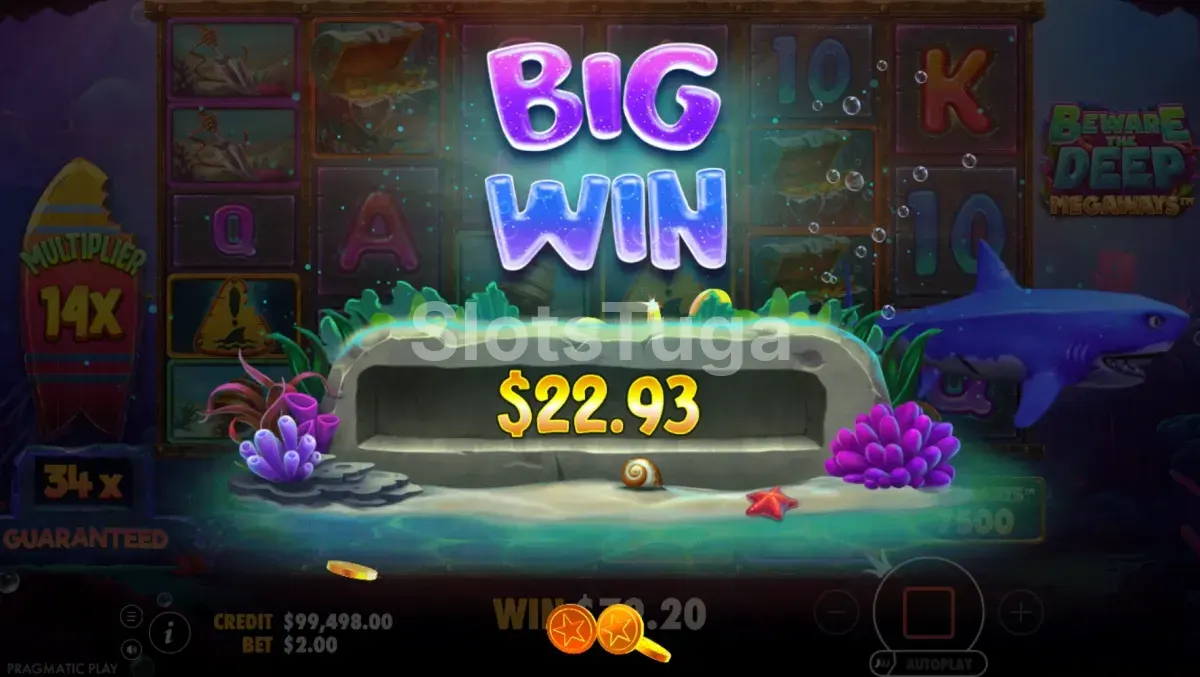 Grande vitória na Beware The Deep Megaways - tela de big win