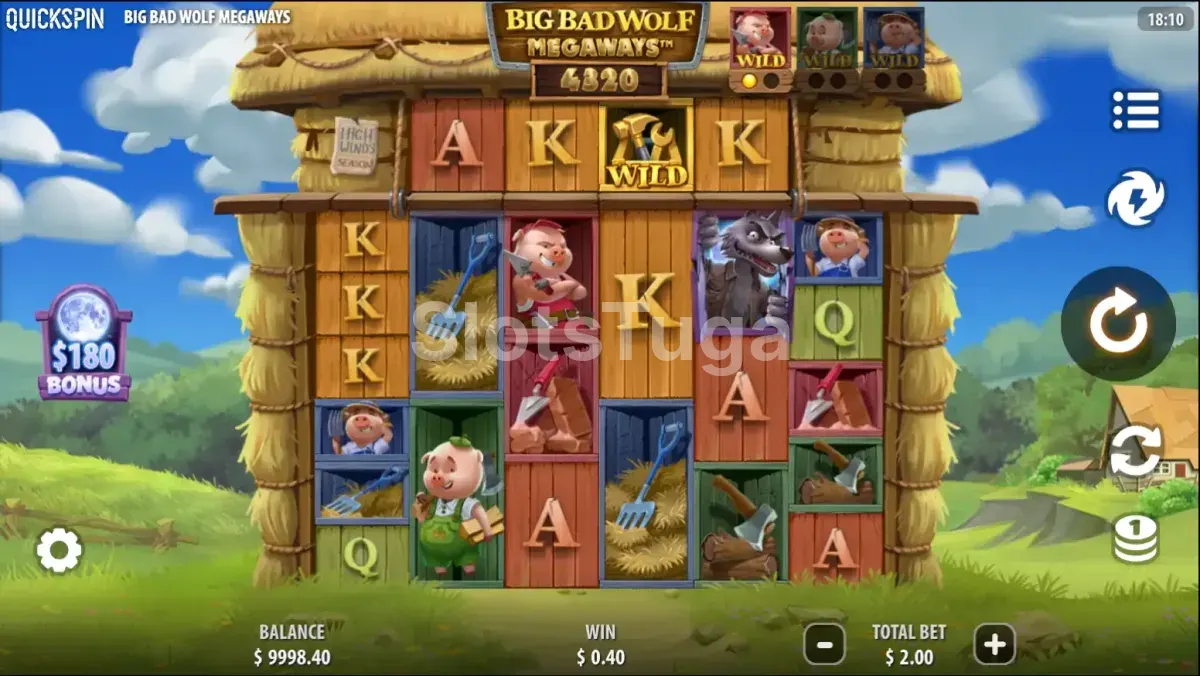 Jogo base do Big Bad Wolf Megaways com os três porquinhos