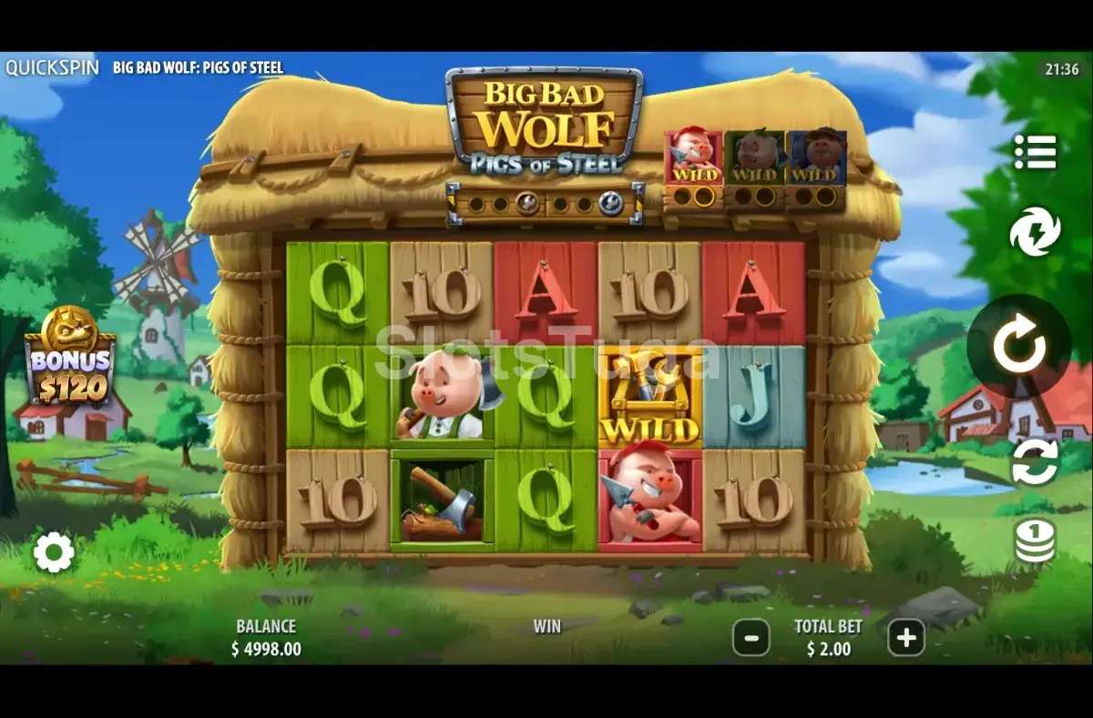 Jogo base do Big Bad Wolf Pigs of Steel com os rouleaux e símbolos principais