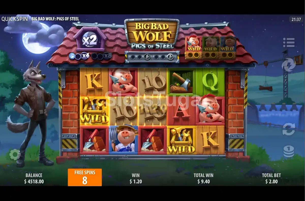 Rodadas grátis ativadas no Big Bad Wolf Pigs of Steel com multiplicadores em ação