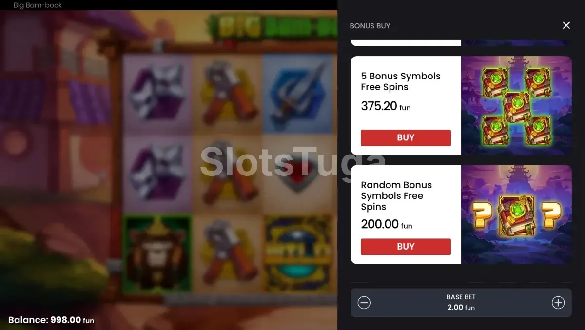 Tela de compra de bônus da Big Bam-Book com diferentes opções de scatter