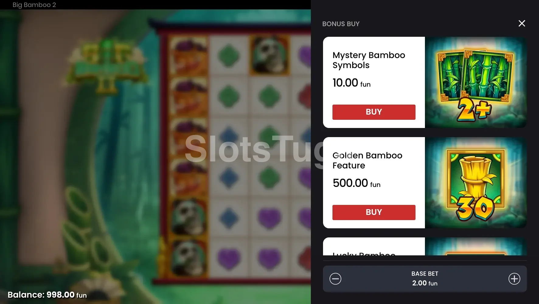 O painel de compra de Big Bamboo 2 numa aposta base de 2 €: símbolos misteriosos por 10 € e a funcionalidade principal por 500 €.