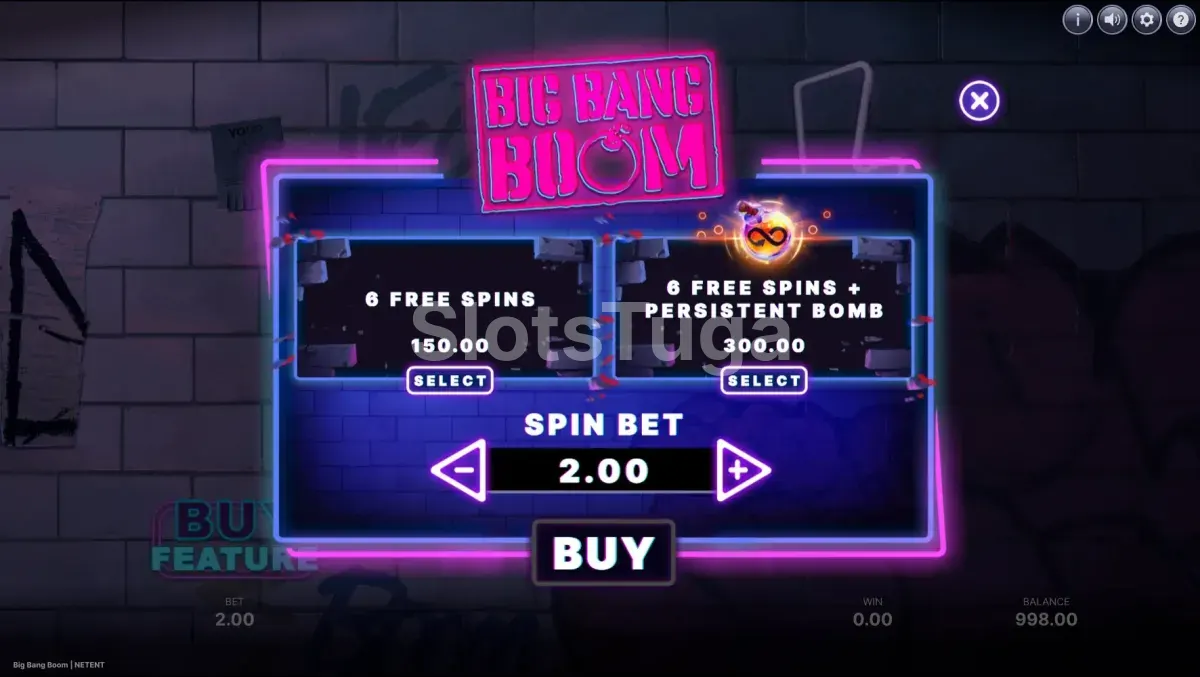 Menu de compra de bônus da slot Big Bang Boom