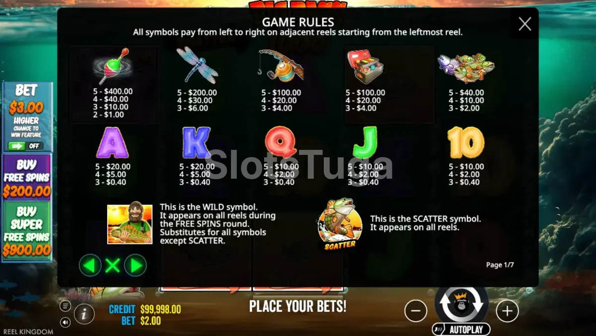 Tabela de pagamentos da Big Bass Bonanza 1000 com os símbolos e valores