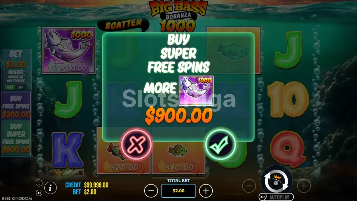 Menu de compra de bônus da Big Bass Bonanza 1000 com as opções disponíveis