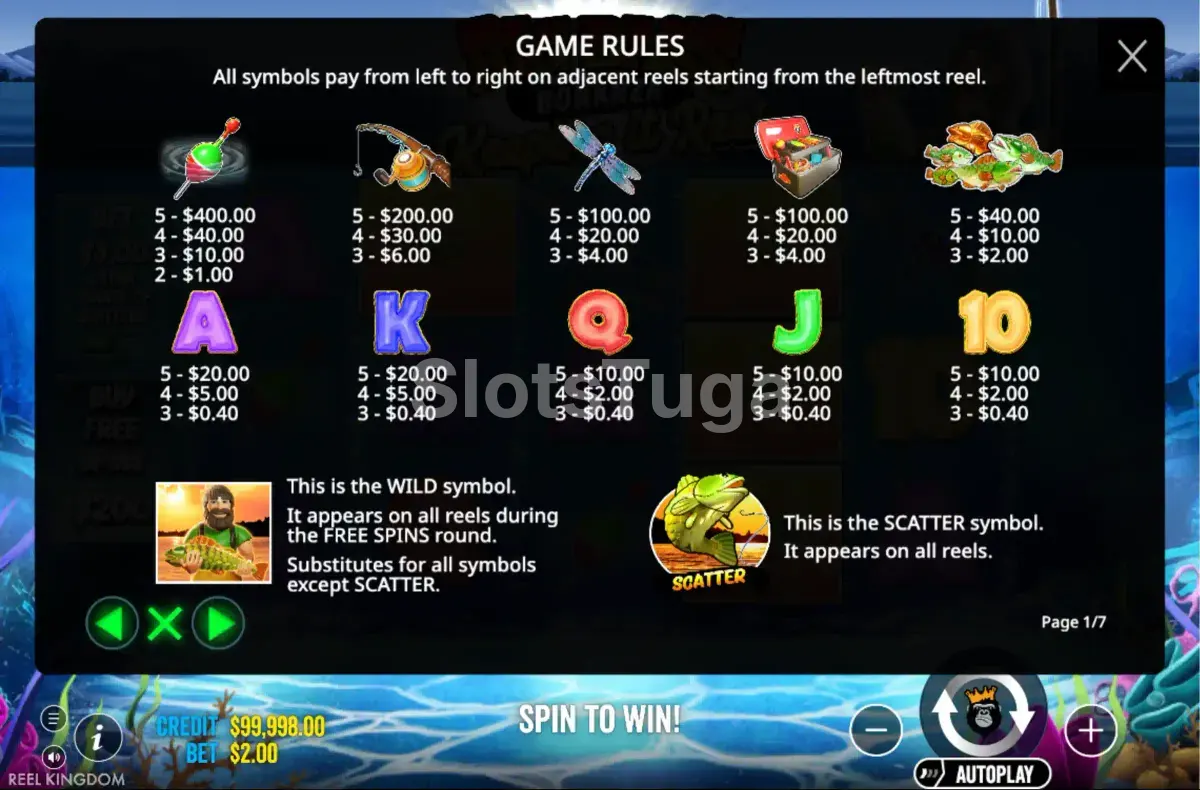 Tabela de pagamentos do Big Bass Bonanza Keeping It Reel com todos os símbolos
