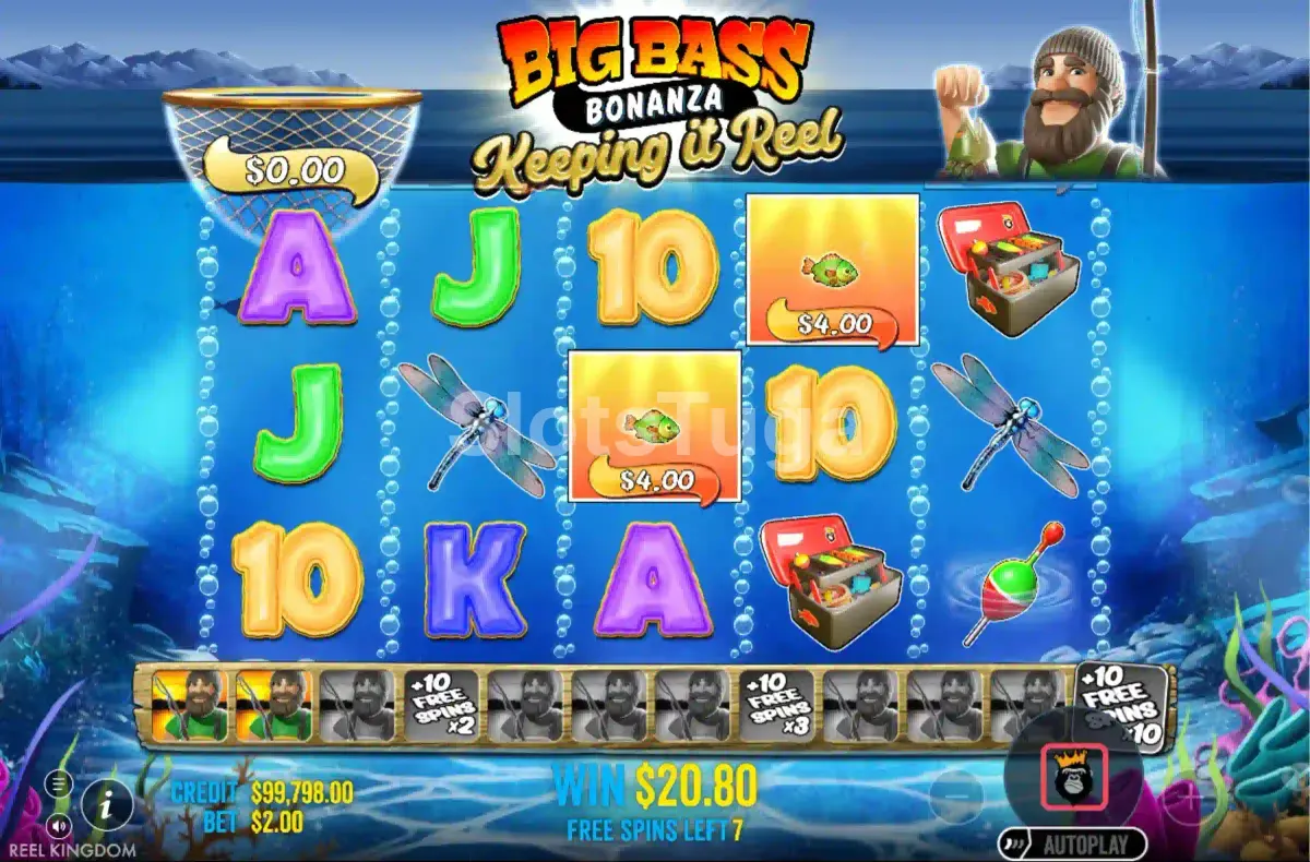 Rodadas grátis em ação no Big Bass Bonanza Keeping It Reel com pescador coletando prêmios