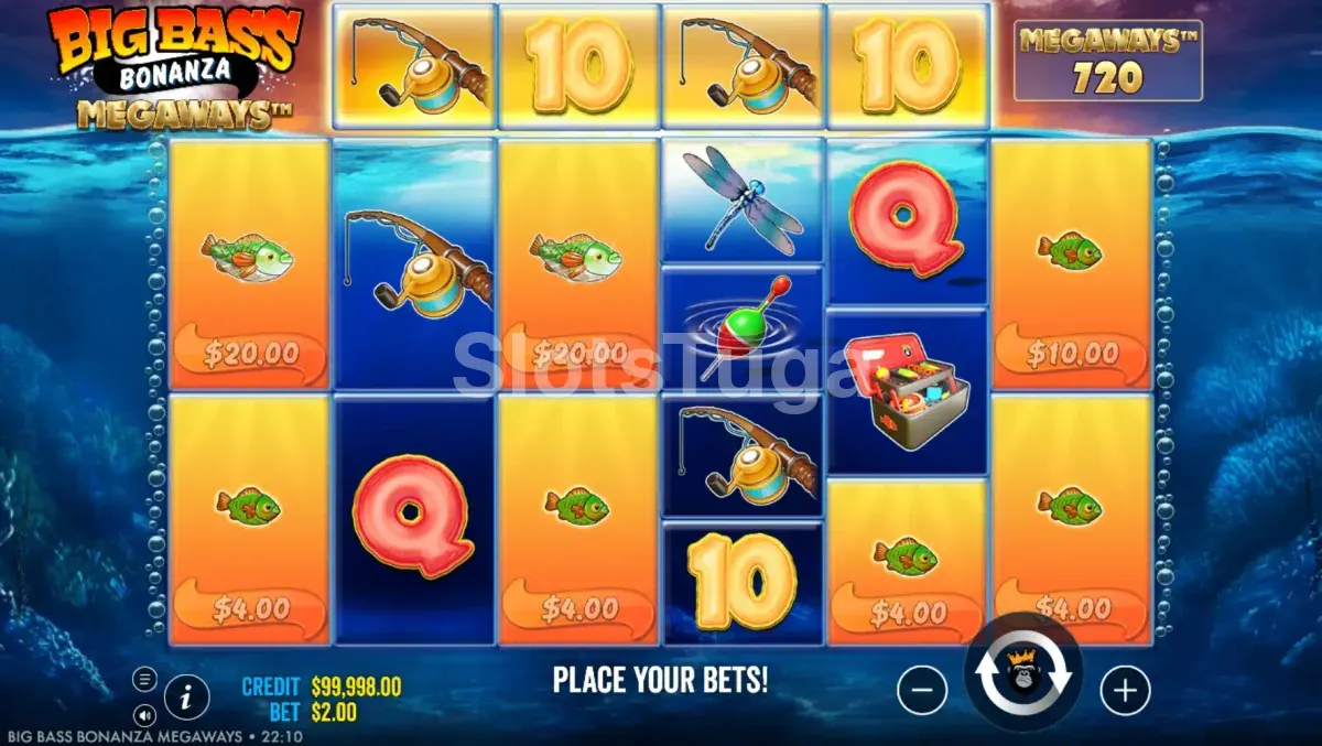 Jogo base da Big Bass Bonanza Megaways com os rouleaux em ação