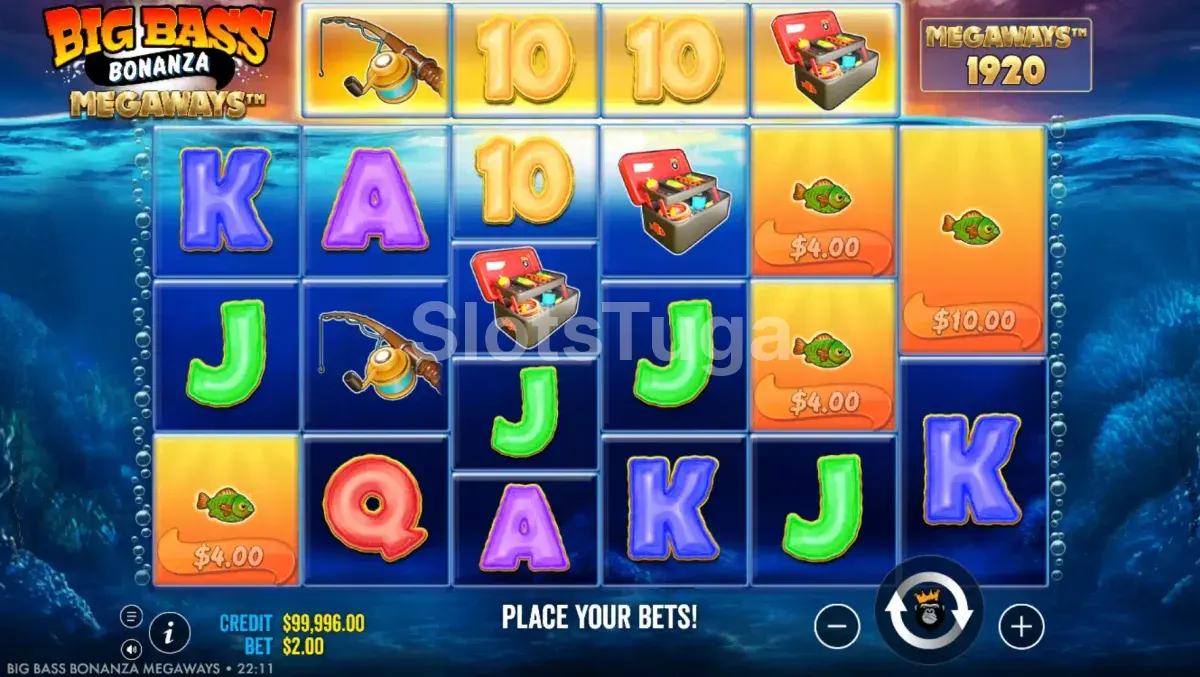 Segunda visão do jogo base da Big Bass Bonanza Megaways com símbolo de pescador