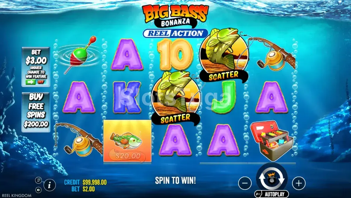 Jogo base do Big Bass Bonanza Reel Action com os rouleaux em ação