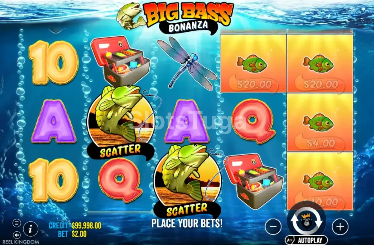 Jogo base da slot Big Bass Bonanza com rouleaux de peixe