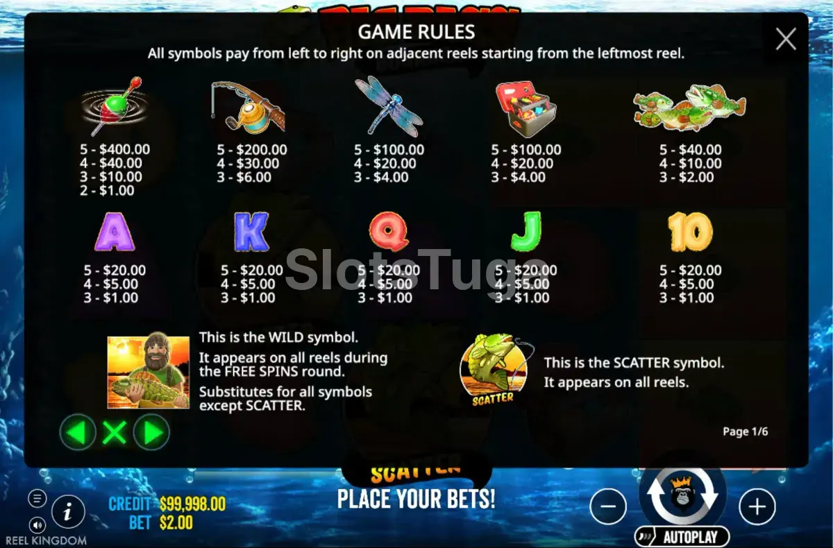 Tabela de pagamentos da Big Bass Bonanza com todos os símbolos