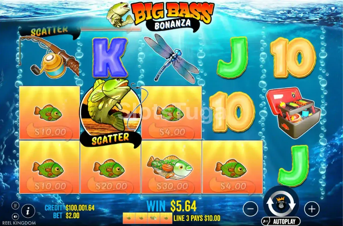 Segunda tela do jogo base da Big Bass Bonanza mostrando Wild em ação