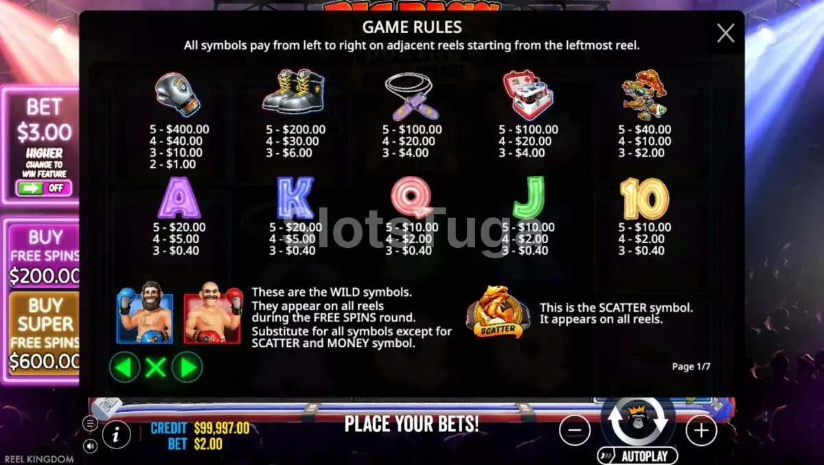 Tabela de pagamentos da Big Bass Boxing Bonus Round mostrando símbolos e valores