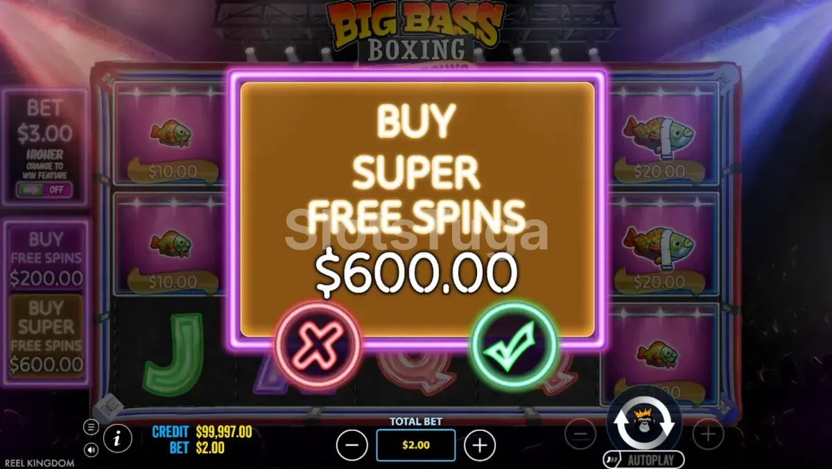 Tela de compra de bônus da Big Bass Boxing Bonus Round com opções disponíveis