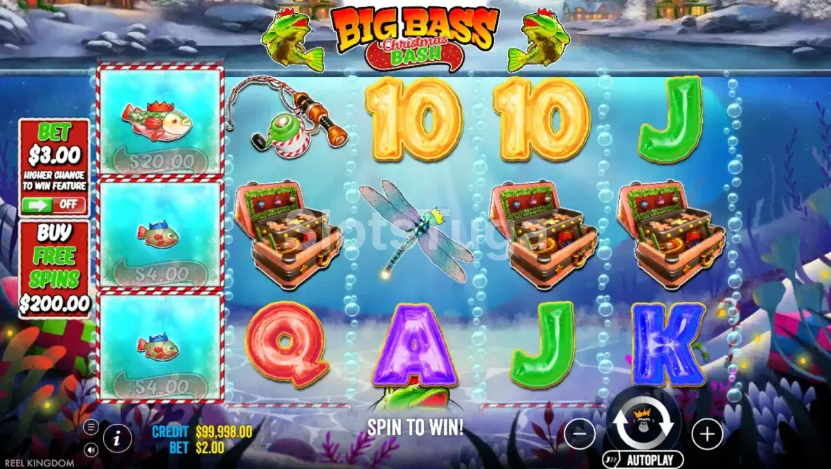 Tela principal do jogo Big Bass Christmas Bash com rouleaux e símbolos natalinos