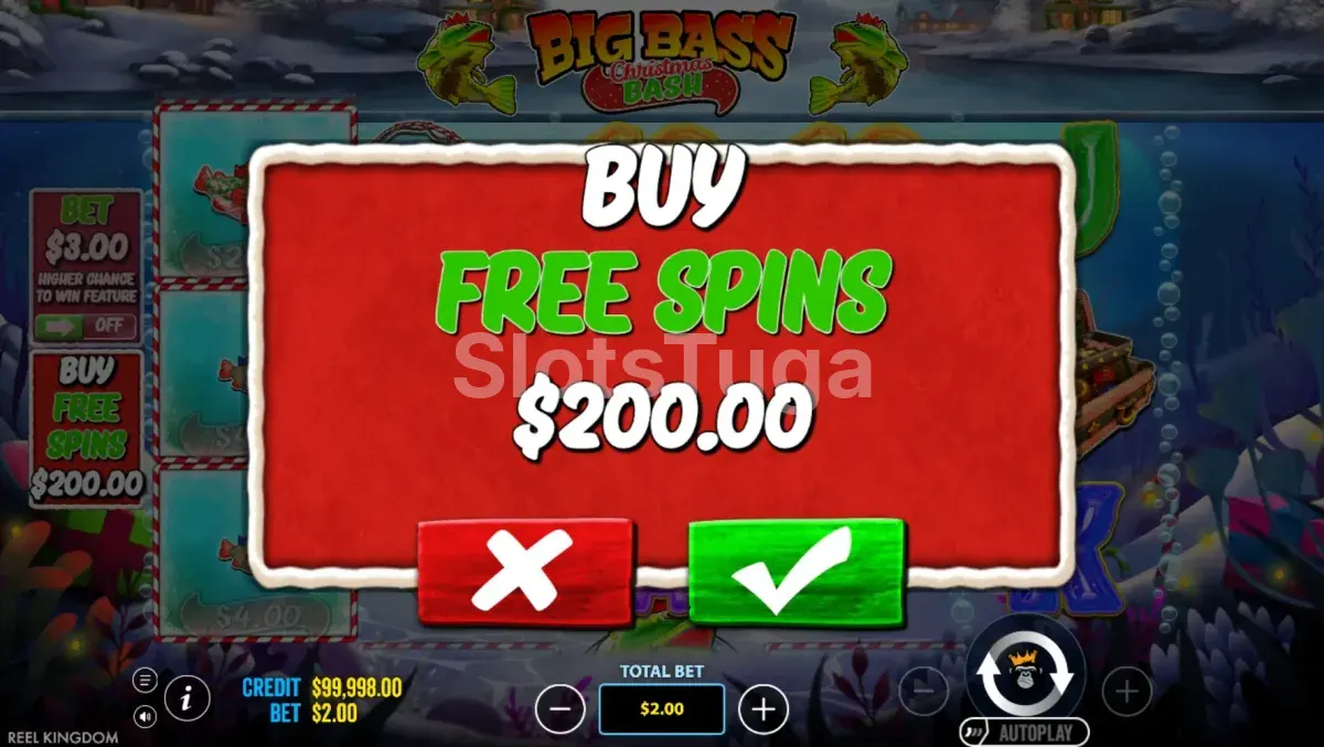 Interface de compra de bônus no Big Bass Christmas Bash
