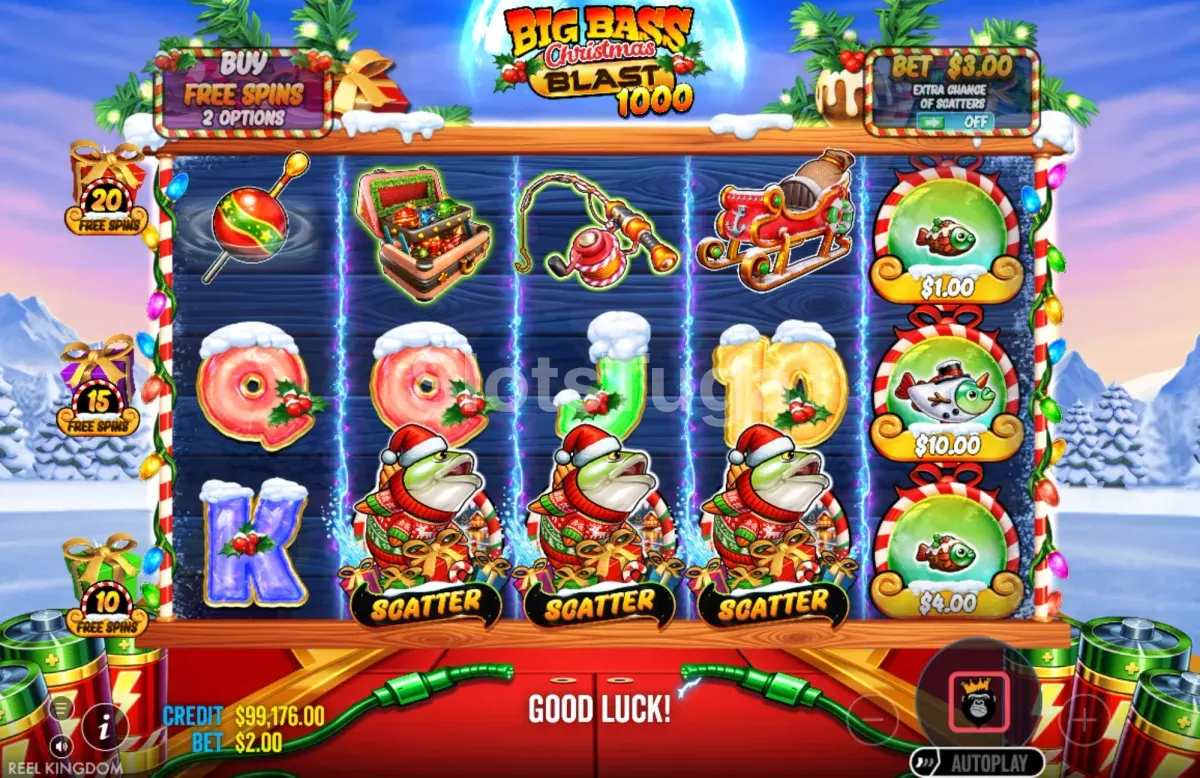 SCATTER a activar o bónus em Big Bass Christmas Blast 1000
